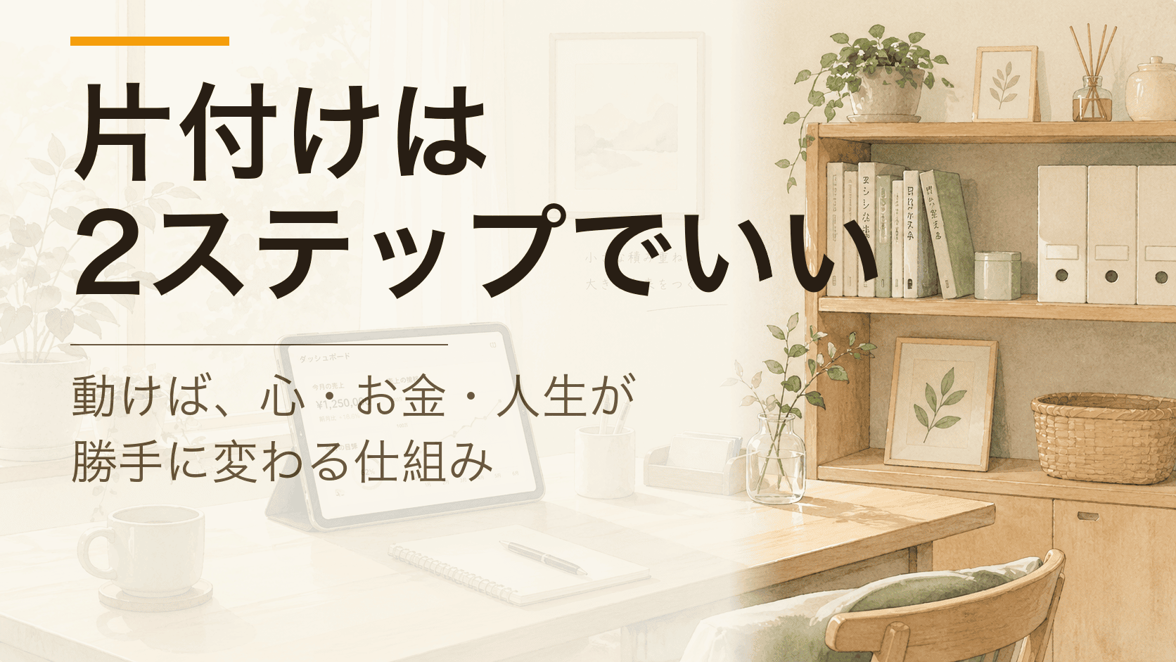 片付けは2ステップだけでいい｜断捨離でモノを減らしたミニマリストの机に水とノートが置かれた朝の部屋