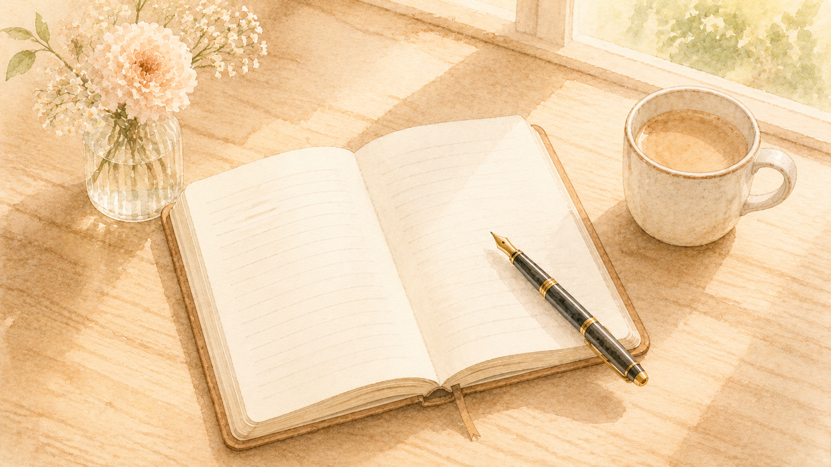 ノートに書かれた振り返りメモと万年筆、戻る前の言語化を象徴するフラットレイ