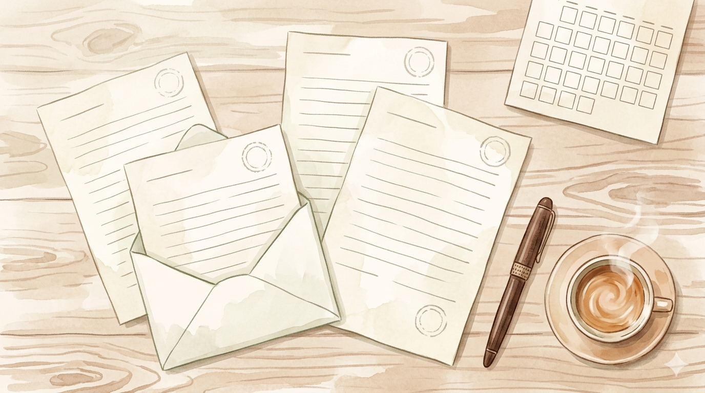 提出書類の束とクリップが並ぶ机の俯瞰イメージ