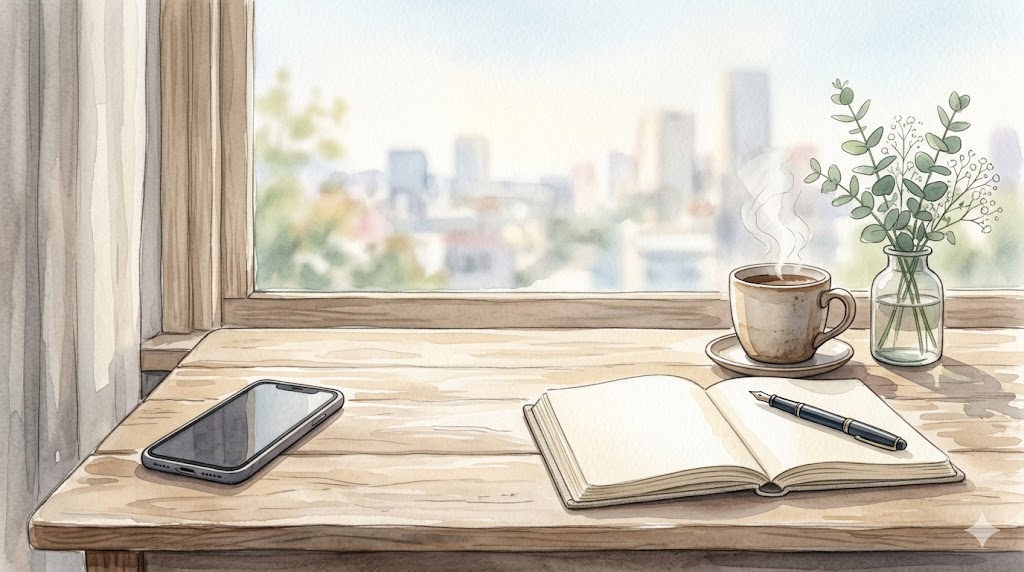朝の窓辺、スマートフォンを伏せてノートを開く机