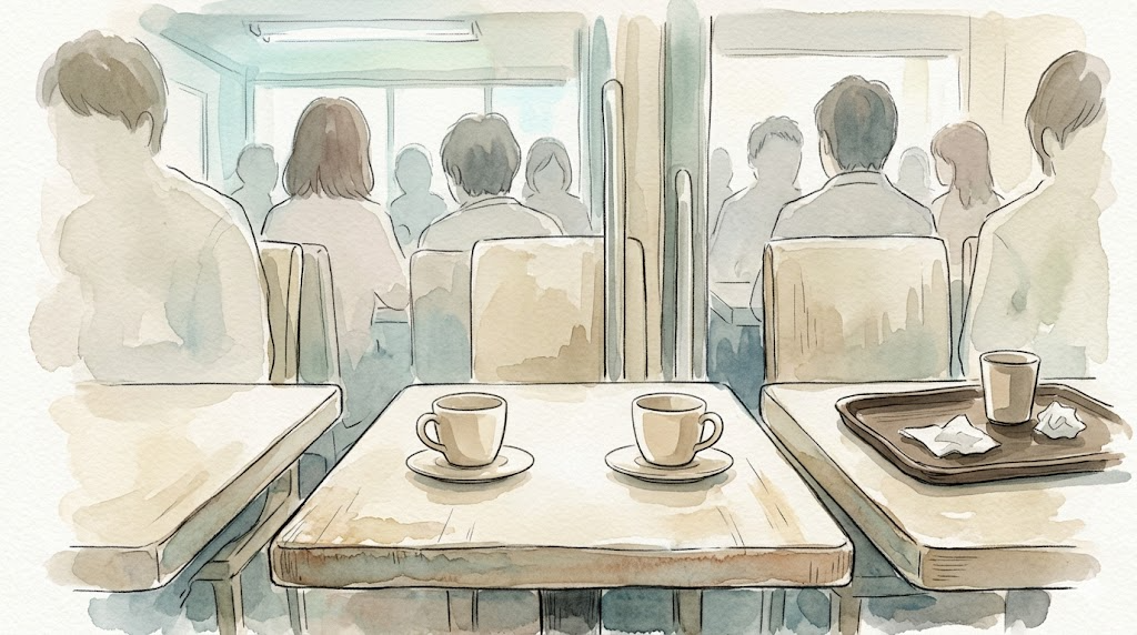 席が密に並ぶ駅ビルカフェの一角に置かれた2つのコーヒーカップ